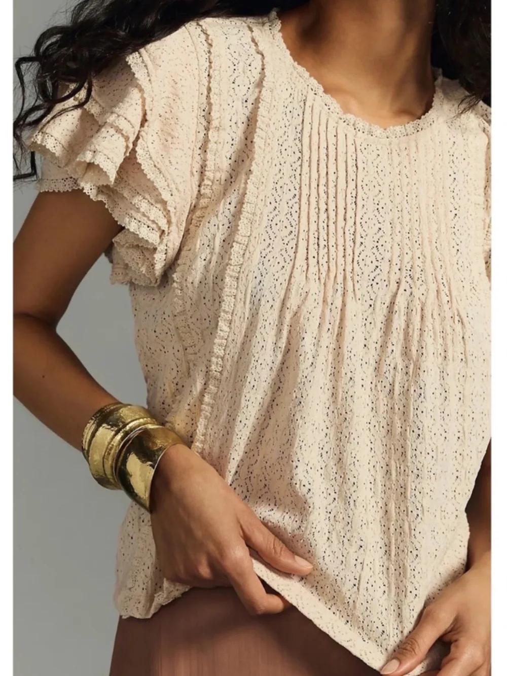 Anthropologie Lace Blouse Cream Pintucked Top Stretch Flutter Ruffle Sleeve XL - Picture 5 of 17